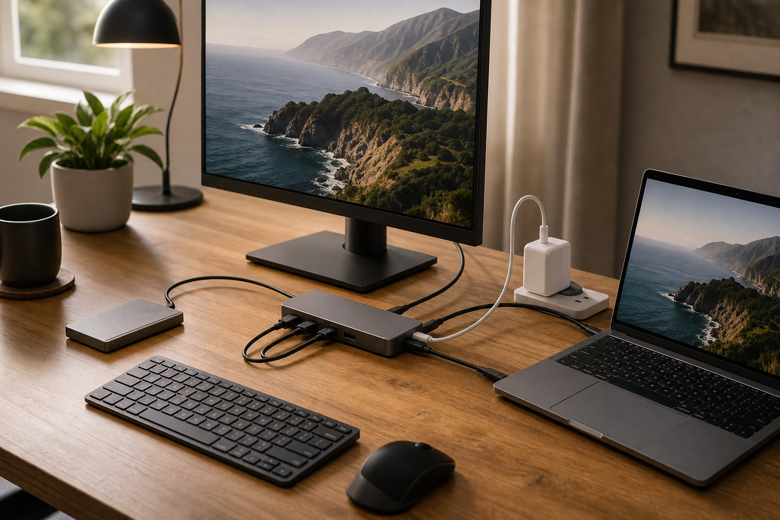 A tidy office laptop desk setup with a compact USB-C hub connecting a monitor, keyboard, storage drive, and charger